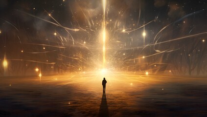Man standing in the middle of a futuristic space with lights and smoke.