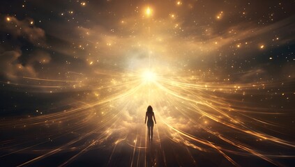 woman standing in the middle of a futuristic space with lights and smoke.