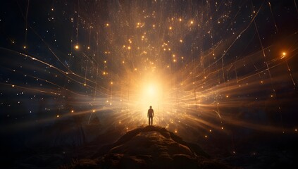 Man standing in the middle of a futuristic space with lights and smoke.