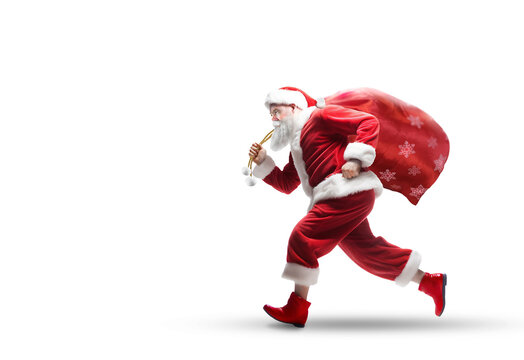 Santa Claus Running with bag full of Christmas presents isolated on white