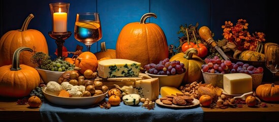 In the background of a Halloween party, a colorful spread of autumn hues, from blue and orange decorations to yellow pumpkin soup and healthy bread and cheese, welcomes guests to celebrate