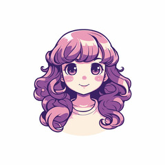 Cute cartoon girl with long curly hair. Vector illustration isolated on white background.