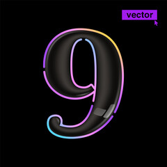 9 logo. Glossy black Nine number icon with vivid neon lines. Rainbow gradient badge for Super Sale banner.