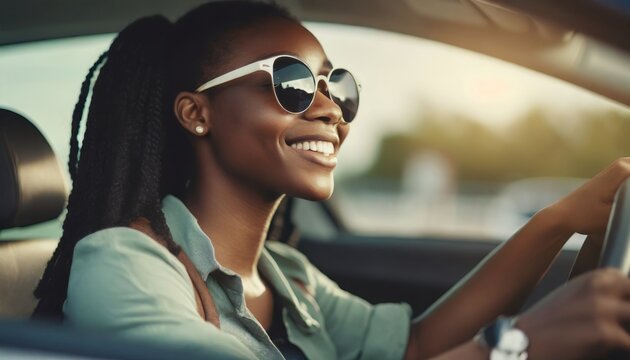 young adult woman driving a car, smiling joyfully