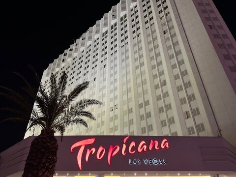 Tropicana Las Vegas Hotel & Casino - built 1957, films have been shot at the casino: James Bond Diamonds Are Forever, Godfather 1 & 2, & Elvis Presley’s Viva Las Vegas. Las Vegas, Nevada, USA - Dec 7