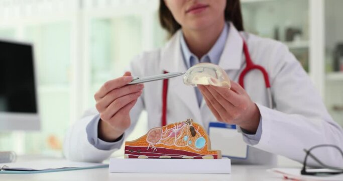Physician points with pen at model of breast and implant