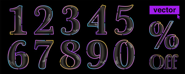 0 to 9 logo. Glossy black numbers set with vivid neon lines. Rainbow gradient badge for Super Sale banner.