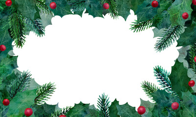 Obraz na płótnie Canvas もみの木とヒイラギの葉っぱのクリスマスに最適な水彩画イラストフレーム