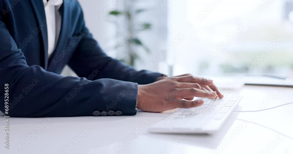 Aufkleber hands, business man and typing on computer for planning research, information and administration. cl