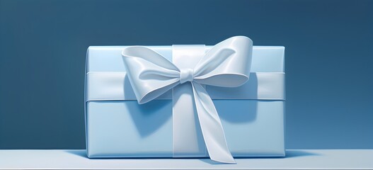 Blue gift box with a silver bow on blue background.