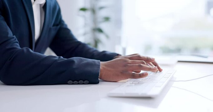 Hands, business man and typing on computer for planning research, information and administration. Closeup, corporate worker and desktop keyboard for online report, editing email and digital software