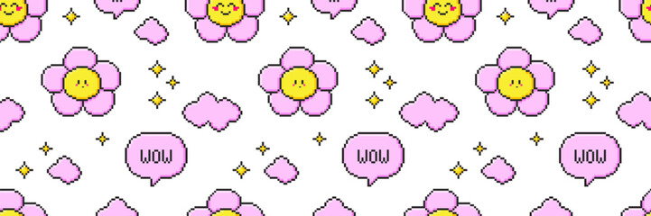 Pixel art seamless pattern. Vector 8-bit retro style flower, dialogue box, star, cloud illustration. Cartoon background in the mood of 90's aesthetics. 