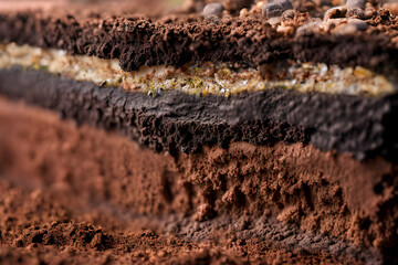 A cut cross-section side view of ground soil showing multiple layers of different types of earth composition underneath the topsoil. Ground surface dug out with layered soil formation below. - obrazy, fototapety, plakaty