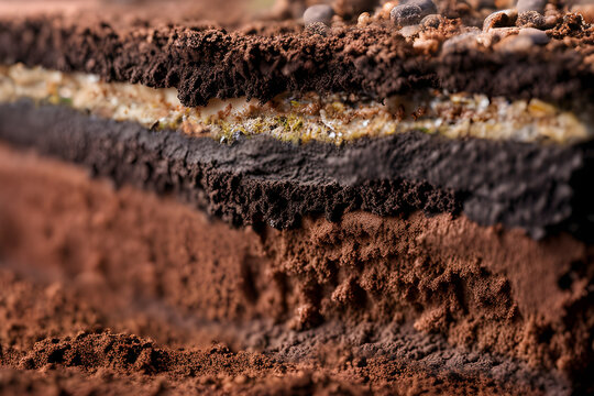 A cut cross-section side view of ground soil showing multiple layers of different types of earth composition underneath the topsoil. Ground surface dug out with layered soil formation below.