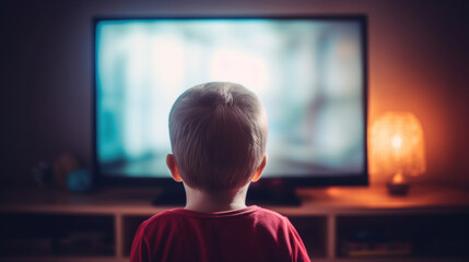 Cute little boy watching TV at home in the living room. - obrazy, fototapety, plakaty