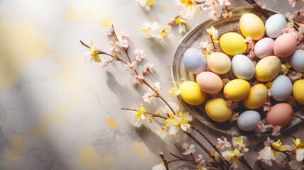 Colorful easter eggs and spring flowersle background, top view