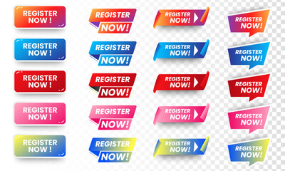 Set of Register now icons button design. Colorful Register button pack for website, ads, UI, and project. vector EPS 10 - obrazy, fototapety, plakaty
