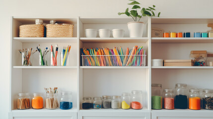 White shelving with various material for creativity