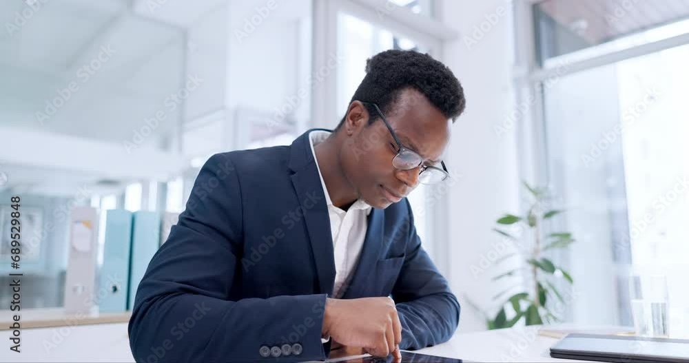 Aufkleber Business, black man and scroll on tablet in office for planning research, trading data and stock market information. Corporate trader review financial news, software and app with digital technology