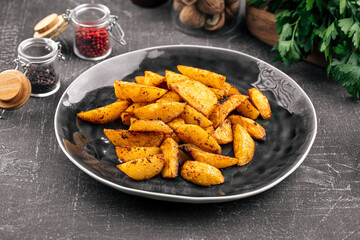 Portion of baked potato wedges on grey background