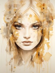 Wall art. Abstract watercolor drawing. Portrait girl's face in a vintage and soft color style and harmonious combination elements with various gold details