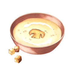 A plate of porcini or champignon puree soup with fried croutons. Watercolor illustration of food. For menu design cookbooks with recipes