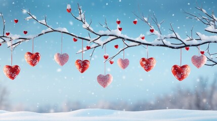 Red heart balloon garland decoration elements in snow branches tree into frost on blue sky, winter mockup background banner Valentine's Day with copy space