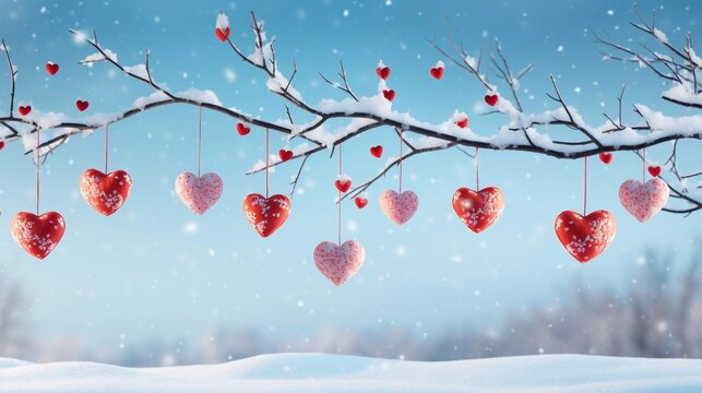 Red heart balloon garland decoration elements in snow branches tree into frost on blue sky, winter mockup background banner Valentine's Day with copy space
