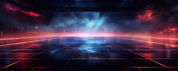 Dark empty space, blue and red neon spotlight, wet asphalt, smoke, night view, rays. Abstract dark texture of an empty background with copy space mock up design