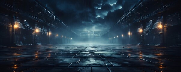 Dark empty space, blue and red neon spotlight, wet asphalt, smoke, night view industrial, rays. Abstract dark texture of an empty background with copy space mock up design