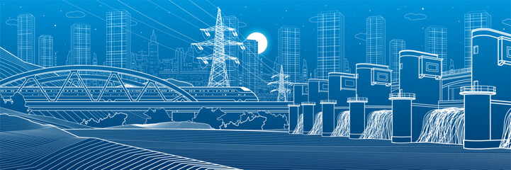 Hydro power plant. River Dam. Renewable energy sources. High voltage transmission systems. Power lines. Train rides on bridge. City infrastructure industrial illustration. Vector design art - 689530492