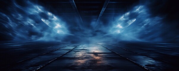 Dark empty space, blue and red neon spotlight, wet asphalt, smoke, night view, rays. Abstract dark texture of an empty background with copy space mock up design
