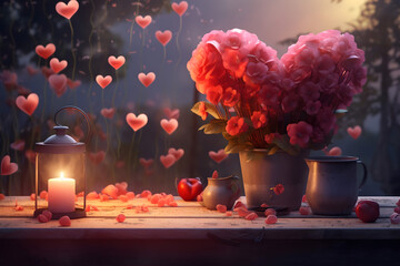 valentines day background, social media background for vday, full of romance cards with love, red rose and candles	 - obrazy, fototapety, plakaty