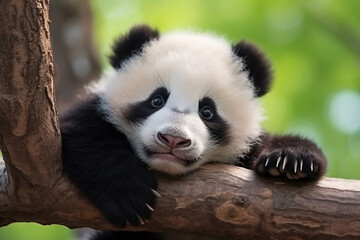 A candid and realistic photo of a baby panda with a playful pose and facial expression, with...