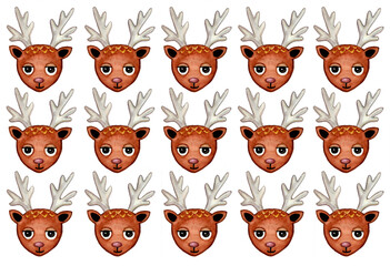 Pattern of stylized portraits of deer on white background. Watercolor. Children's illustration. Deer have big round eyes, purple nose, small gray horns. Brown. All elements are the same and repeated.