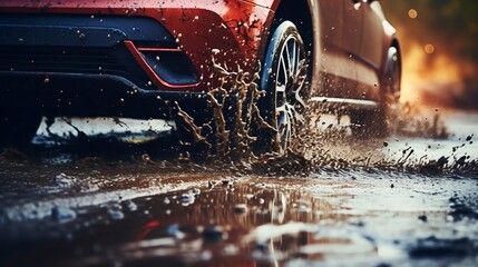 Close-up of car tires and splashes water on wet asphalt in rain. Car drives through puddles after rain. Driving extreme banner with copy space - obrazy, fototapety, plakaty