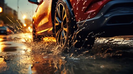Close-up of car tires and splashes water on wet asphalt in rain. Car drives through puddles after rain. Driving extreme banner with copy space