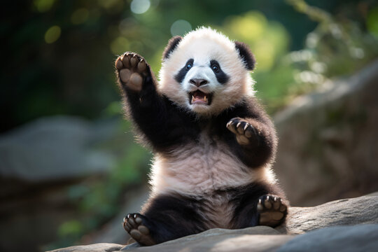 A close-up photo of a young panda sitting with a playful pose and facial expression, isolated nature and blur background...