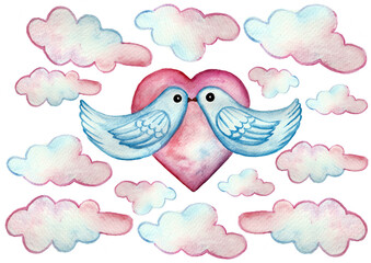 Couple of doves kissing. On the background is heart made of different shades of pink, purple. Around the clouds are pink blue. White background. Watercolor. The birds are white and blue. Stylization.