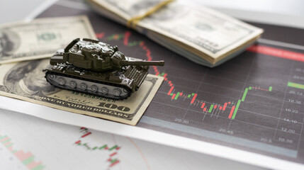 The main battle tank on US dollar bill banknotes background. U.S.A. and China trade war and...