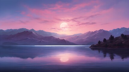 Fantastic winter landscape. Mountain lake at night with moon and stars