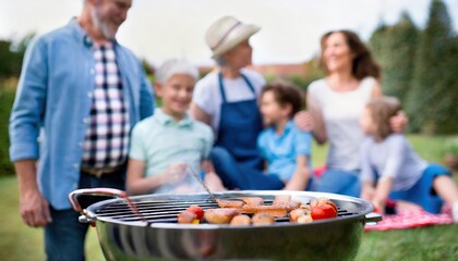 Fototapeta na wymiar family reunions and garden parties or barbecues, barbecuing together in the garden, children adults, grandma and grandpa, family and parents, generations together