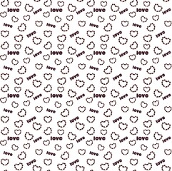 A pattern of small hearts of brown and beige colour , and title love on a white background.