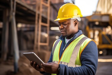 Portrait of african american worker using digital tablet in warehouse, A young Black African mining construction worker with a digital tablet, AI Generated