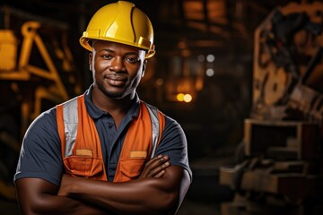 Portrait of confident African-American male worker with arms crossed in factory, A young Black African mining construction worker with a digital tablet, AI Generated