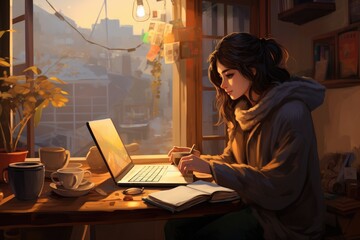 Young woman sitting at the table in front of window and using laptop, A woman in a cozy home setting, sipping coffee while working on her laptop, AI Generated