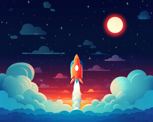 Rocket launch at dusk. Space exploration illustration with stars and moon