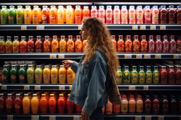Rear view of woman looking at bottle of fresh juice in supermarket, A woman in a supermarket, selects juice from the shelf, AI Generated - obrazy, fototapety, plakaty