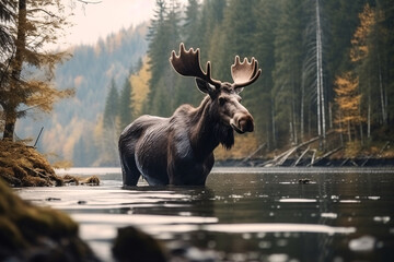 A close-up photo of a moose standing in the water and looking at distance, isolated nature and blur background...