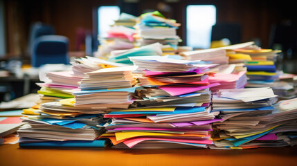 Stack of multi-colored folders and documents on a wooden office desk, indicating a substantial amount of paperwork.